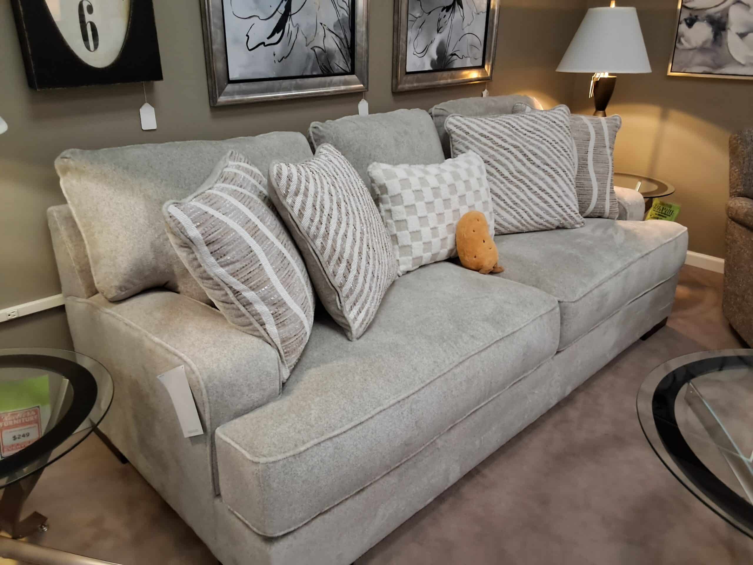 Sofa Taupe With Five Throw Pillows